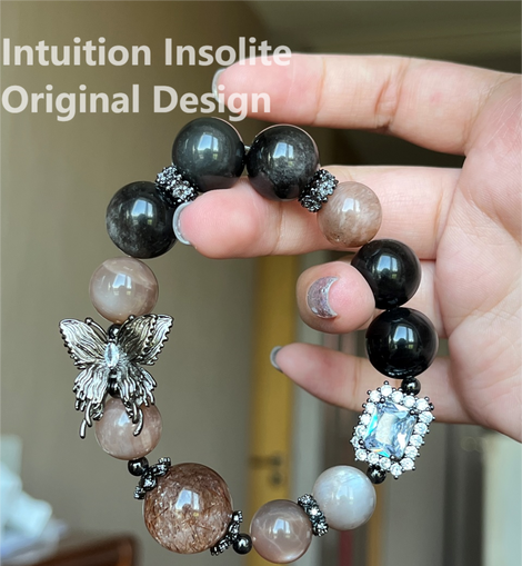 Moonstone Silver Sheen Black Gold Bead 16-17mm Butterfly Crystal Design Bracelet