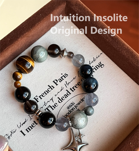 Yellow Tiger's Eye (16mm), Star, Hawk's Eye, Silver Shine Stone, Blue Fluorite, Smoky Quartz, and Ice Shine Crystal Designed Bracelet