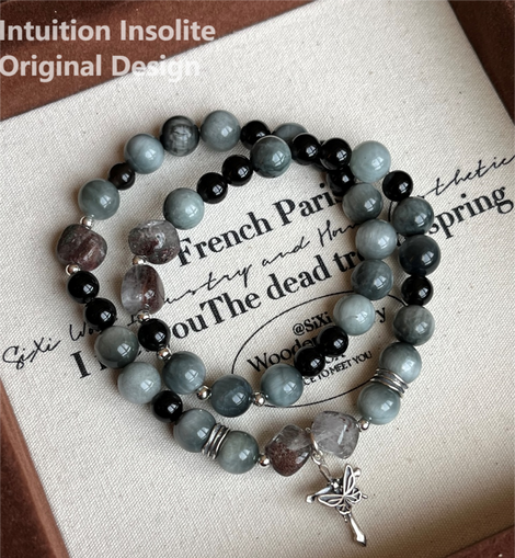 Hawk's Eye Obsidian Four Seasons Phantom Sterling Silver Crystal Design Bracelet