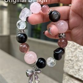 Silver Sheen Rose Quartz Strawberry Quartz White Crystal Bow Heart Crystal Design Bracelet