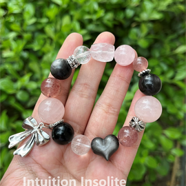 Silver Sheen Rose Quartz Strawberry Quartz White Crystal Bow Heart Crystal Design Bracelet