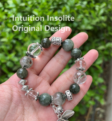 Green Ghost Quartz, Green Hair Quartz, and White Quartz Leaf Design Bracelet