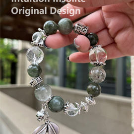Green Ghost Quartz, Green Hair Quartz, and White Quartz Leaf Design Bracelet