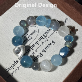 Aquamarine, Snowflake Obsidian, Gray Moonstone, and 925 Silver Crystal Designed Bracelet