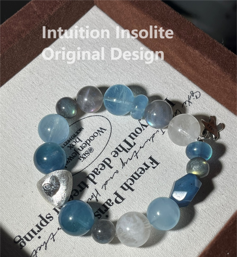 Aquamarine, Snowflake Obsidian, Gray Moonstone, and 925 Silver Crystal Designed Bracelet