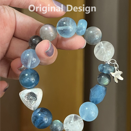 Aquamarine, Snowflake Obsidian, Gray Moonstone, and 925 Silver Crystal Designed Bracelet