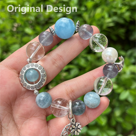 Aquamarine, Blue Fluorite, White Crystal, and Shell Pearl Designed Bracelet