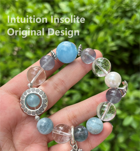 Aquamarine, Blue Fluorite, White Crystal, and Shell Pearl Designed Bracelet