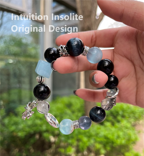 Aquamarine, Blue Tiger's Eye, Silver Quartz, Black Hair Crystal, and Cross Crystal Designed Bracelet