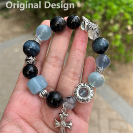 Aquamarine, Blue Tiger's Eye, Silver Quartz, Black Hair Crystal, and Cross Crystal Designed Bracelet