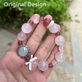 Rose Quartz Strawberry Quartz White Mother-of-Pearl Cabochon Bow Crystal Design Bracelet
