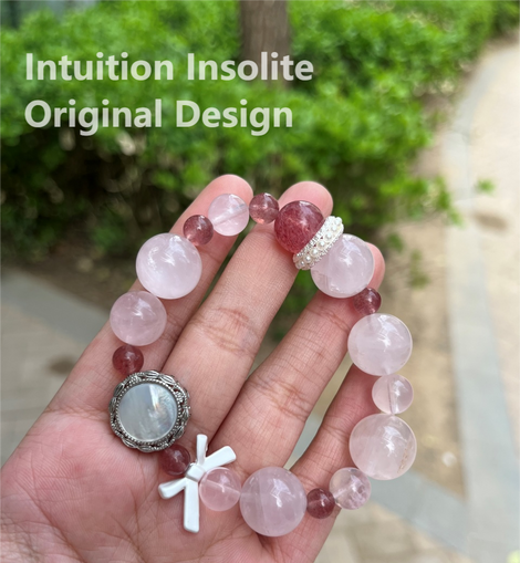 Rose Quartz Strawberry Quartz White Mother-of-Pearl Cabochon Bow Crystal Design Bracelet