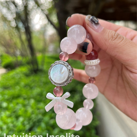 Rose Quartz Strawberry Quartz White Mother-of-Pearl Cabochon Bow Crystal Design Bracelet