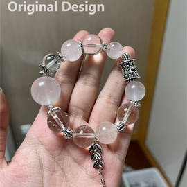 Rose Quartz White Quartz 18mm-20mm Focal Bead Leaf Crystal Design Bracelet