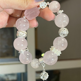 16mm Rose Quartz Pink Resin Flower Sterling Silver Crystal Design Bracelet