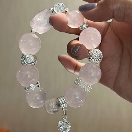 16mm Rose Quartz Pink Resin Flower Sterling Silver Crystal Design Bracelet