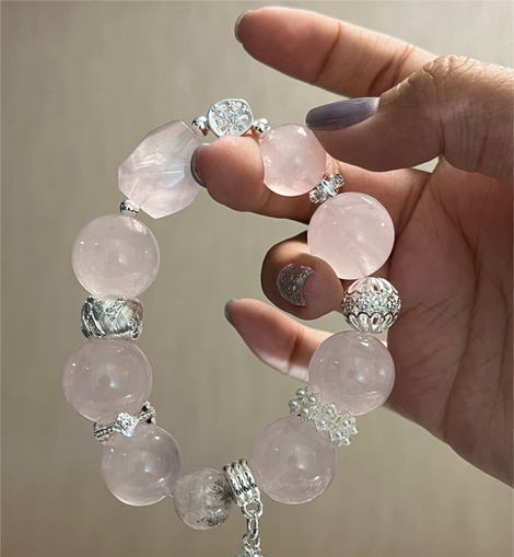 16mm Rose Quartz Pink Resin Flower Sterling Silver Crystal Design Bracelet