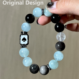 Aquamarine, Silver Sheen Obsidian, White Phantom Quartz, and Poker Design Bracelet