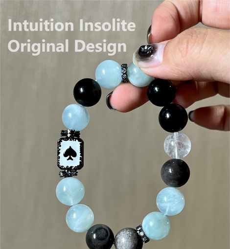 Aquamarine, Silver Sheen Obsidian, White Phantom Quartz, and Poker Design Bracelet
