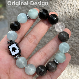 Aquamarine, Silver Sheen Obsidian, White Phantom Quartz, and Poker Design Bracelet