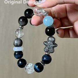 White Phantom Quartz, Aquamarine, Silver Sheen Obsidian, and Gingerbread Man Charm Designed Bracelet