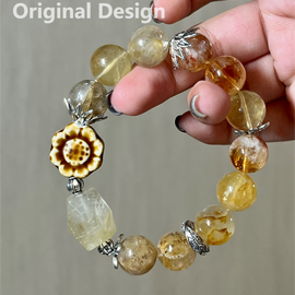 Golden Hair Quartz, Tree Agate, and Yellow Fluorite Crystal Designed Bracelet