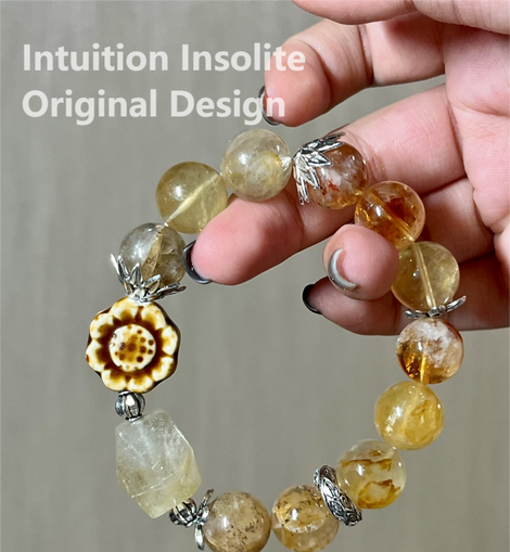 Golden Hair Quartz, Tree Agate, and Yellow Fluorite Crystal Designed Bracelet