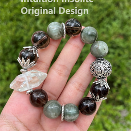 Smoky Quartz, Green Azeztulite Double Terminator, and Green Rabbit Hair Quartz Crystal Designed Bracelet