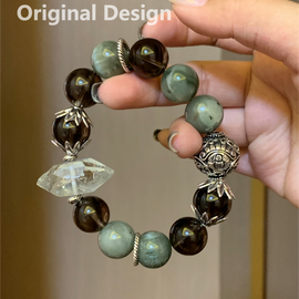 Smoky Quartz, Green Azeztulite Double Terminator, and Green Rabbit Hair Quartz Crystal Designed Bracelet