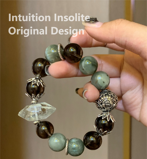 Smoky Quartz, Green Azeztulite Double Terminator, and Green Rabbit Hair Quartz Crystal Designed Bracelet