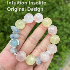 Rose Quartz, Lemon Quartz, Blue Line Double Point Quartz, and Aquamarine Cabochon Crystal Designed Bracelet