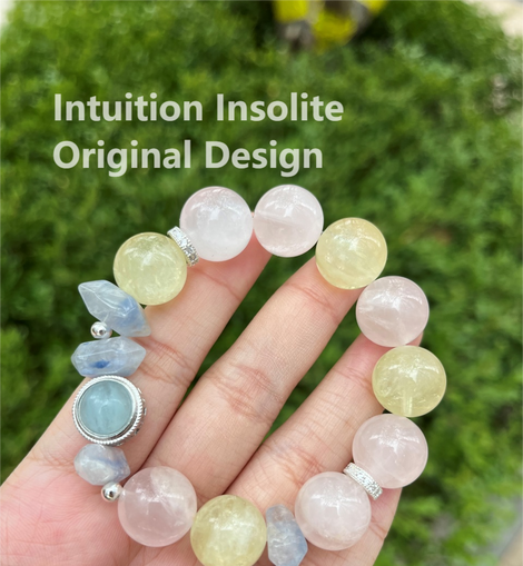 Rose Quartz, Lemon Quartz, Blue Line Double Point Quartz, and Aquamarine Cabochon Crystal Designed Bracelet