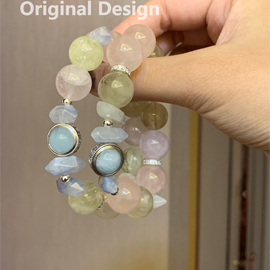 Rose Quartz, Lemon Quartz, Blue Line Double Point Quartz, and Aquamarine Cabochon Crystal Designed Bracelet
