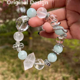 Aquamarine, Milky White Crystal, Clear Quartz, and Snake Design Bracelet