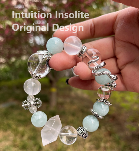 Aquamarine, Milky White Crystal, Clear Quartz, and Snake Design Bracelet