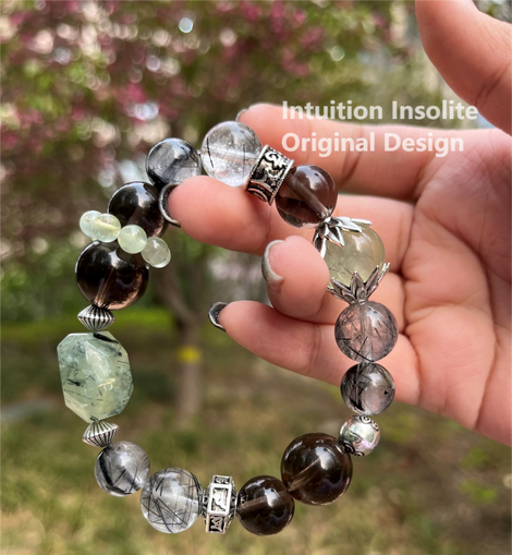 Smoky Quartz, Black Hair Quartz, and Vesuvianite Crystal Designed Bracelet