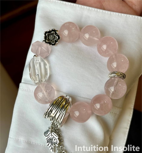 16mm Rose Quartz White Quartz Floral Crystal Design Bracelet