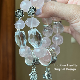 16mm Rose Quartz White Quartz Floral Crystal Design Bracelet