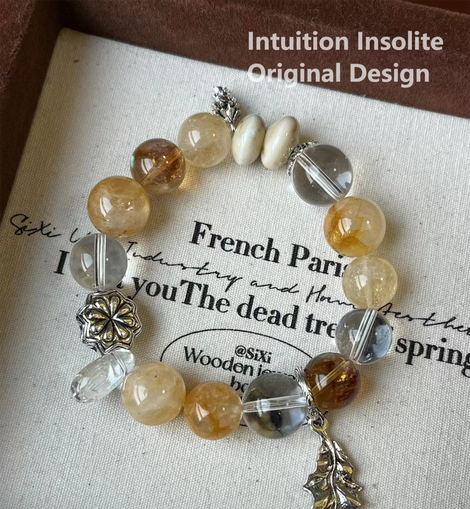 Yellow Flower Agate, Yellow Azeztulite, and Clear Quartz Crystal Designed Bracelet