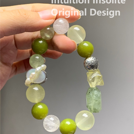 Lemon Yellow Quartz, Xiuyan Jade, Green Garnet (Tsavorite), and Cabochon White Shell Crystal Designed Bracelet