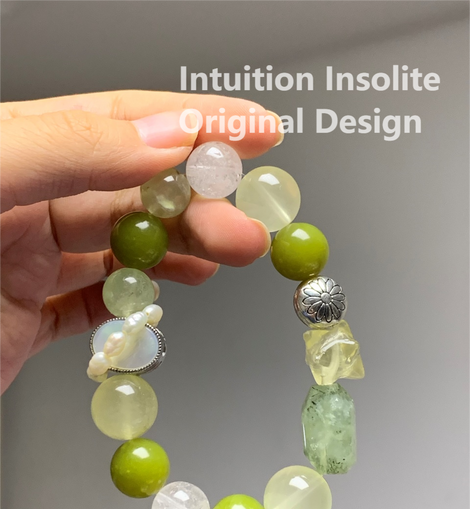 Lemon Yellow Quartz, Xiuyan Jade, Green Garnet (Tsavorite), and Cabochon White Shell Crystal Designed Bracelet
