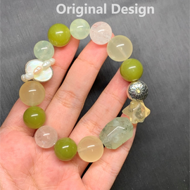 Lemon Yellow Quartz, Xiuyan Jade, Green Garnet (Tsavorite), and Cabochon White Shell Crystal Designed Bracelet
