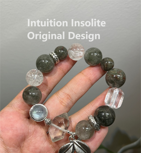 Green Ghost Quartz (13-15mm), Cabochon Aquamarine, White Quartz, Green Aventurine, and White Aventurine Crystal Bracelet