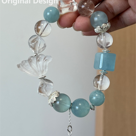 Aquamarine, Clear Quartz, and Shell Design Bracelet