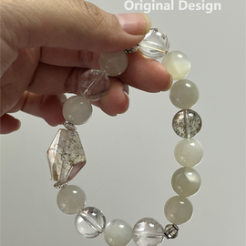 Silver Moonstone Black Rutile White Quartz Crystal Design Bracelet