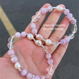 Lithium Quartz, Baroque Pearl, and Clear Quartz Crystal Bracelet