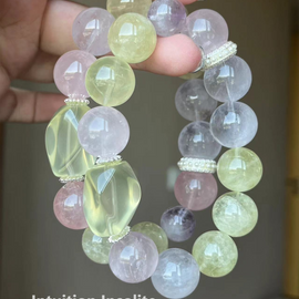 Lemon Quartz, Rose Quartz, and Purple Rabbit Fur Crystal Designed Bracelet