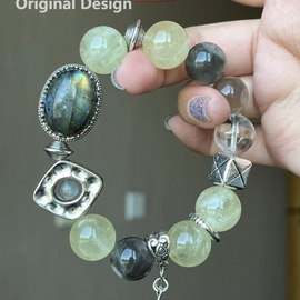 Large Moonstone, Lemon Quartz, White Quartz, and Black Moonstone Crystal Designed Bracelet