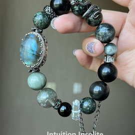 Green Dragon Quartz, White Quartz, and Silver Sheen Obsidian Crystal Designed Bracelet