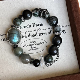 Green Dragon Quartz, White Quartz, and Silver Sheen Obsidian Crystal Designed Bracelet